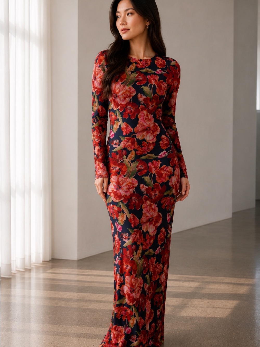 Alexia Admor Navy Maxi Dress with Red Floral Print